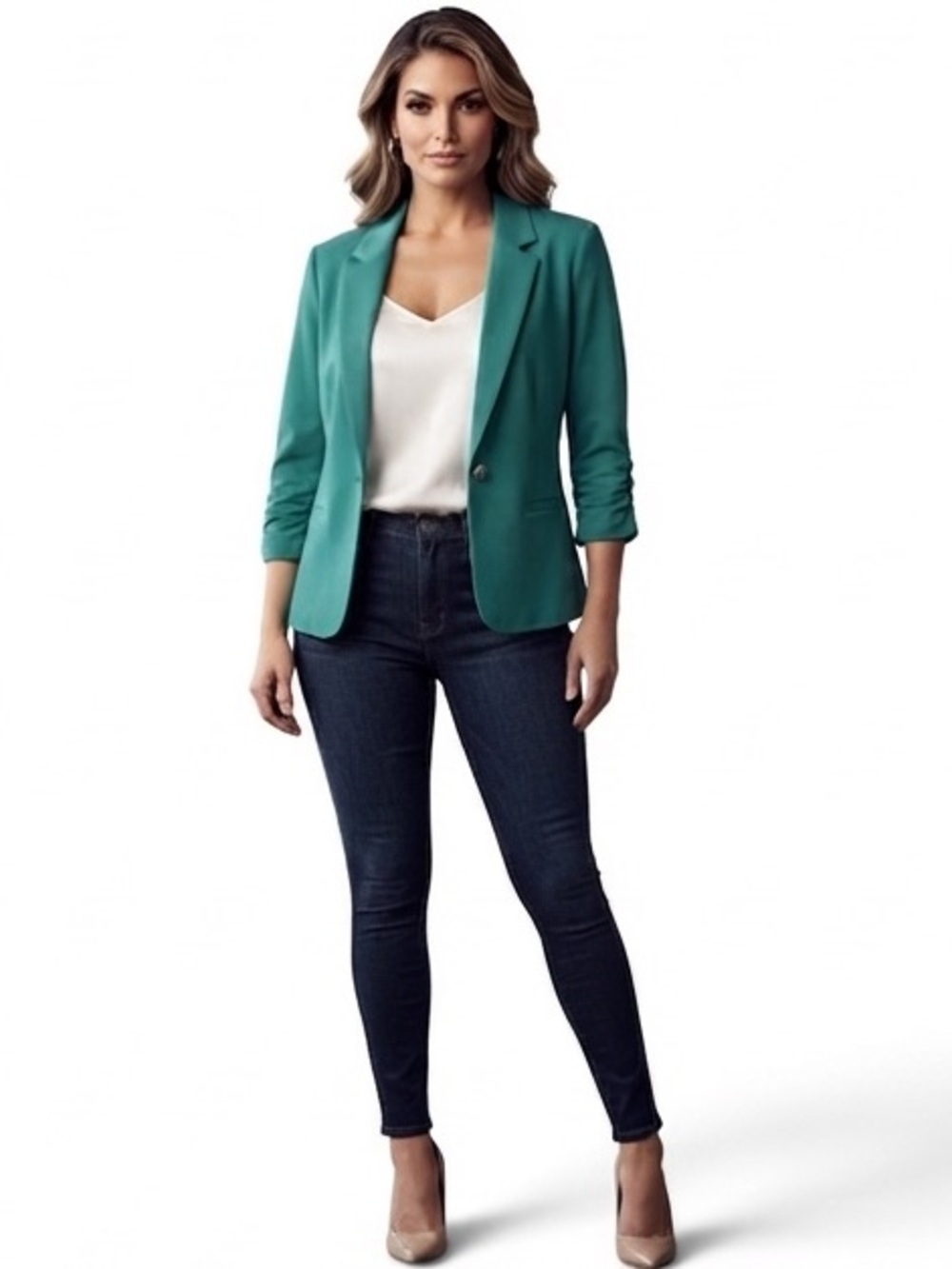NYCC Green Blazer Jacket Womens Size Medium Open Front 3/4 Ruched Sleeves